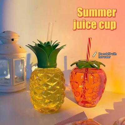 Strawberry Shaped Cup with Lid Straw Large Capacity Pineapple Water Bottle Portable