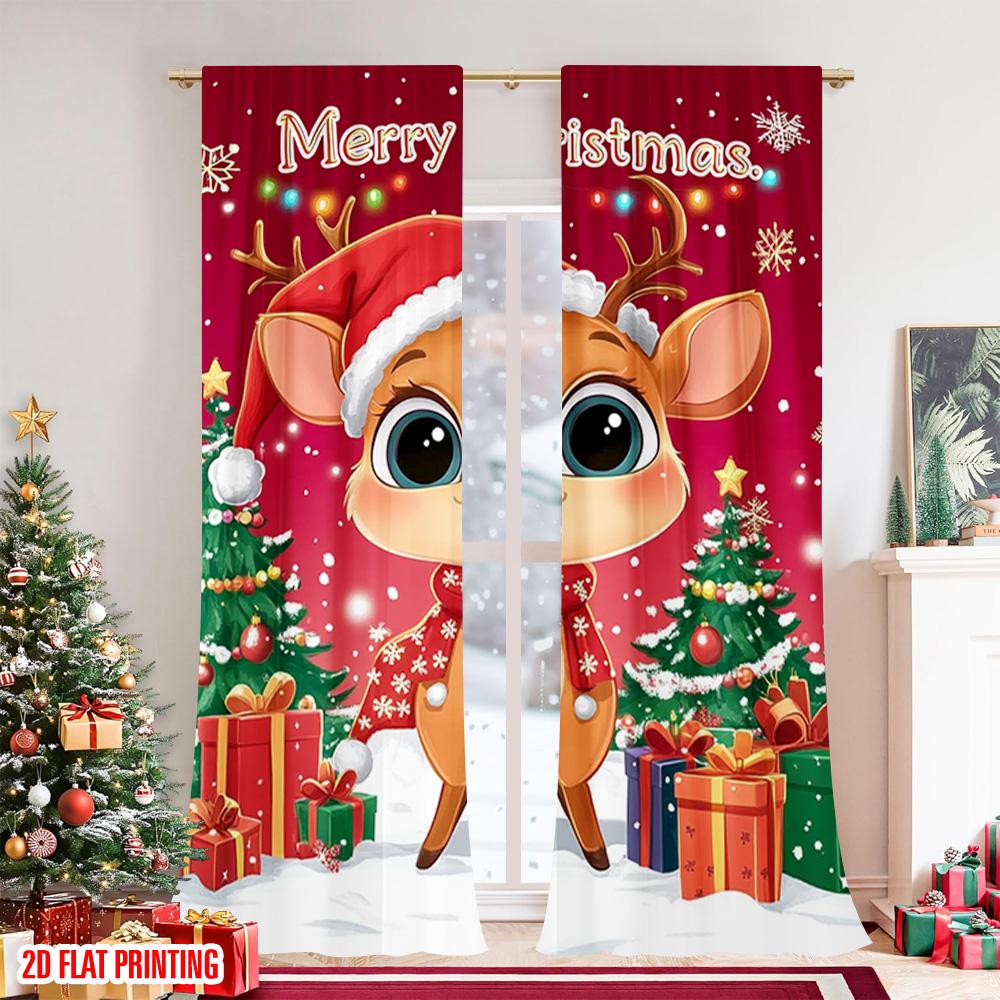 Flat Printing Christmas Drapes Reindeer Snowflakes Polyester Without Electricity Family Party Decoration Perfect Curtain Set Of 2 Made Washable