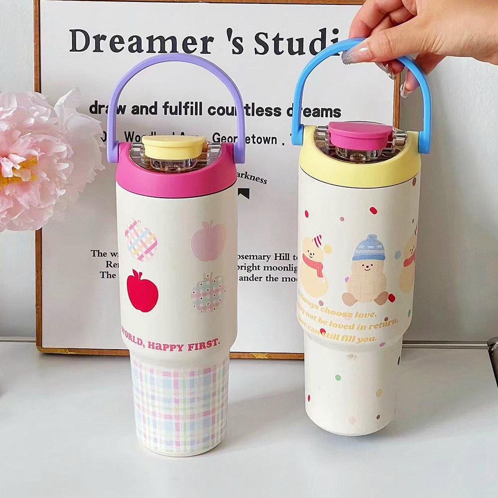 Ny högkvalitativ rostfri termosmugg med handtag bärbar sugrörsmugg stor kapacitet för studenter