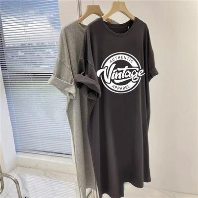A Loose, Large-sized Short-sleeved T-shirt Dress, A Long Summer Dress That Reaches The Knees, Covers The Belly and Makes One Look Slimmer with A Sli