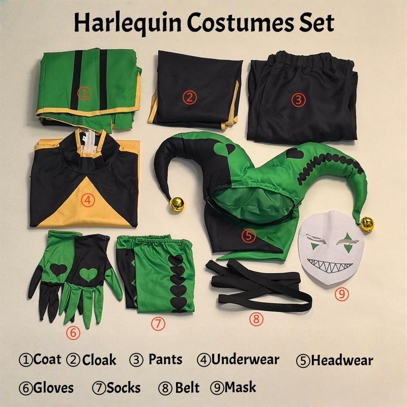 The Freak Circus Harlequin Clown Costume Full Set Pierrot Jester Unisex Cosplay Outfit Halloween Carnival Fancy Dress Jumpsuit