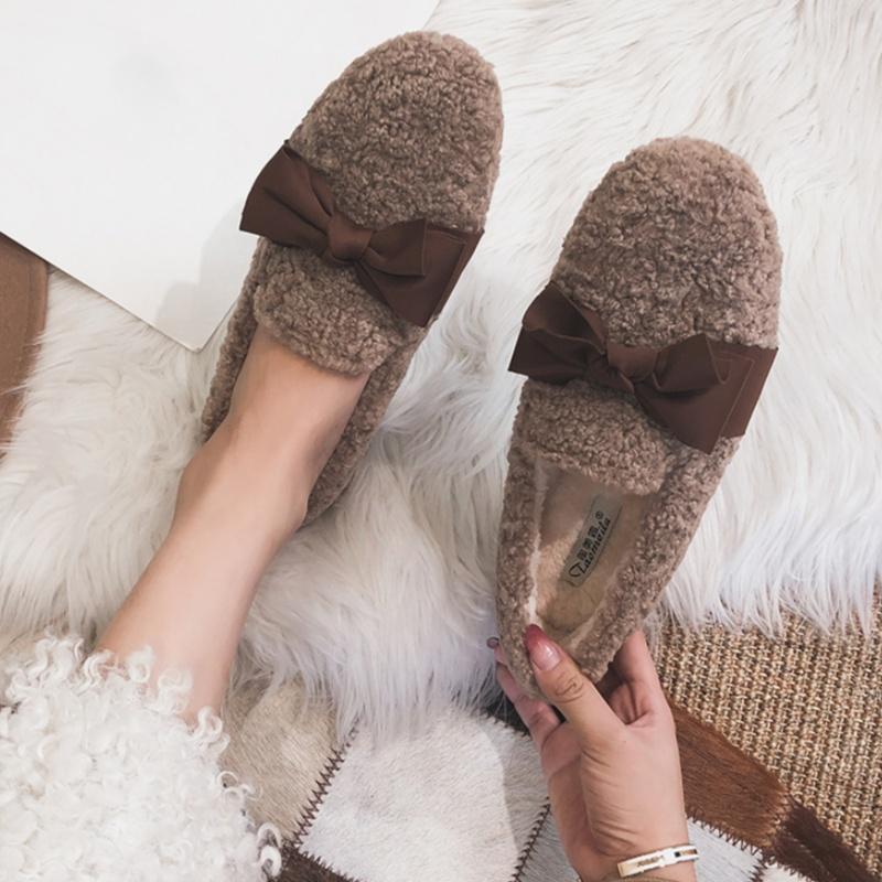 Fashion Korean Style Shallow Mouth Female Shoes 2025 Winter Fur Comfortable Loafers Casual Soft Warm Flat Shoes Bow Slip On Women Shoes