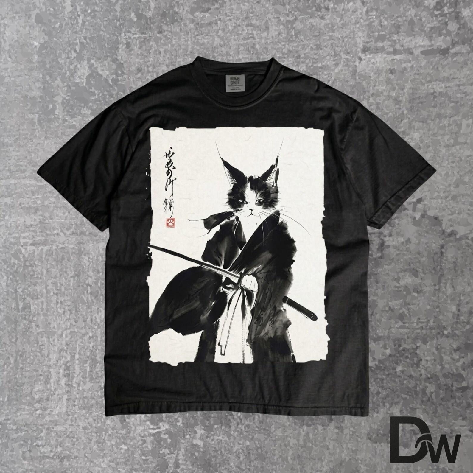 Samurai Cat Katana Japanese Art T-Shirt | Warrior Feline Ink Graphic Tee, Cat Lover Gift 4XL