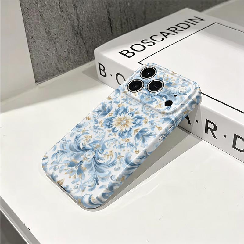 Refined Blue Gold Ornate Baroque Floral Pattern Graphic Art Film Aesthetic Protective Shockproof Bumper Case Cover For iPhone 13 14 15 16 Pro Max Plus