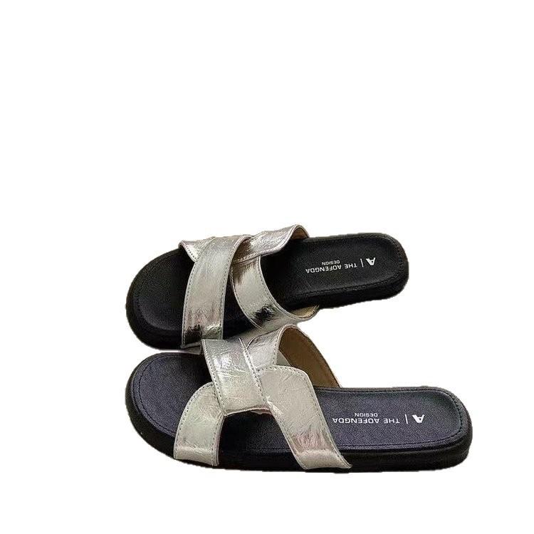 

Мягкая подошва верхняя одежда пляжные крестики сандалии женские летние новые ретро нишевые шлепанцы на плоской подошве 40 серебряный