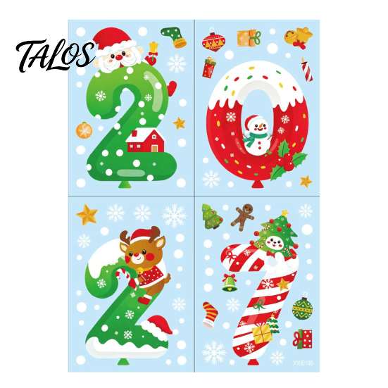 Decorative PVC Window Film 4 Sheets 2027 Christmas New Year Clings, Double Sided Static Sticker with Party Supplies Santa Reindeer Snowflake