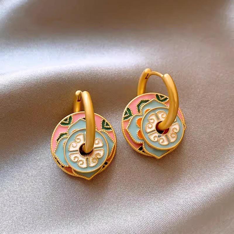 Manșete de urechi cu flori din email retro chinezesc: Cercei de lux cu zircon