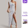 Wind New Women's Clothing Spring Fashion Sexy Sequins One Shoulder Sleeveless Split Solid Color Dress