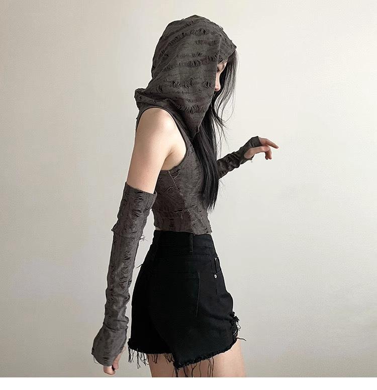 Dune Wasteland Spice Girls Sleeves Hooded T-Shirt Women's Summer New Sexy Belly Navel Chic Ripped Short Top