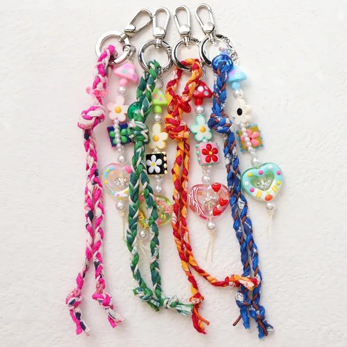 Lucky charm braid keyring strap print silk knot lovely charm bag phone keyring