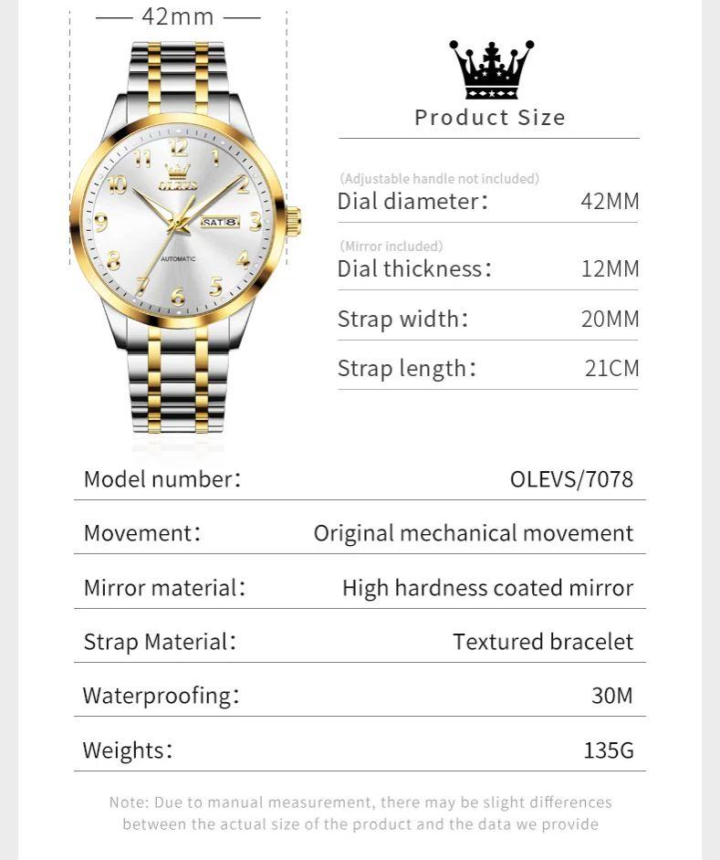 OLEVS 7078 Original Automatic Man Watch Digital Dial Stainless Steel Dual Calendar Waterproof Luminous Mechanical Men's Watches