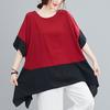 Plus Size Summer Round Neck Women Contrast Color Asymmetric Patchwork T-shirts Casual Short Sleeve Loose Mid Chiffon Shirt Tops