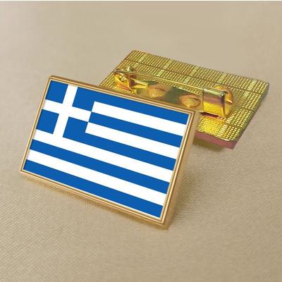Brosche mit griechischer Flagge, 2,5 x 1,5 cm, Zinklegierung, PVC-Druckguss, Farbdruck und Beschichtung, goldene rechteckige Form