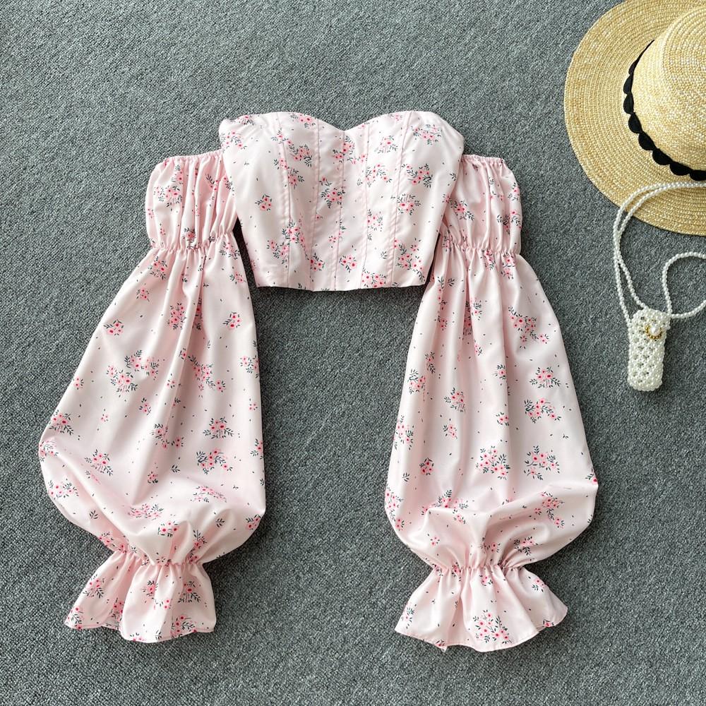 Women's One Shoulder Tube Top Long Sleeve Floral Shirt