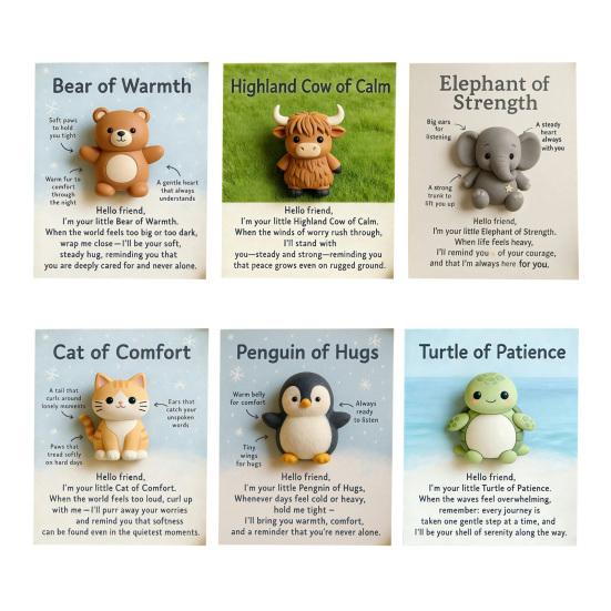 Pocket Friends of Hugs And Hope Mini Penguin Elephant Bear Highland Cow Ornament with Card Emotional Support Gift for Kids Women Men Loved Ones