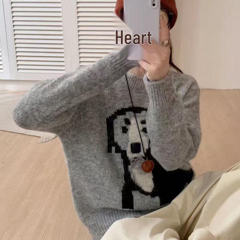 Women's Grey Cartoon Pattern Wool Sweater, Round Neck, Loose Fit, Short Style for Petite Figures - Perfect for Autumn/Winter Layering or Solo Wear
