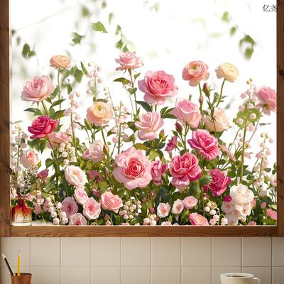 Minimalist Watercolor Multicolor Rose Bush Static Cling Window Sticker for Store Window Background Decor
