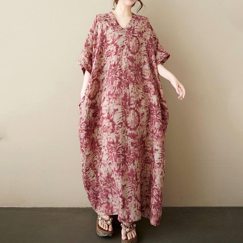 Short Sleeve Plus Size Cotton Vintage Floral New In Dresses for Women Casual Loose Maxi Long Summer Dress