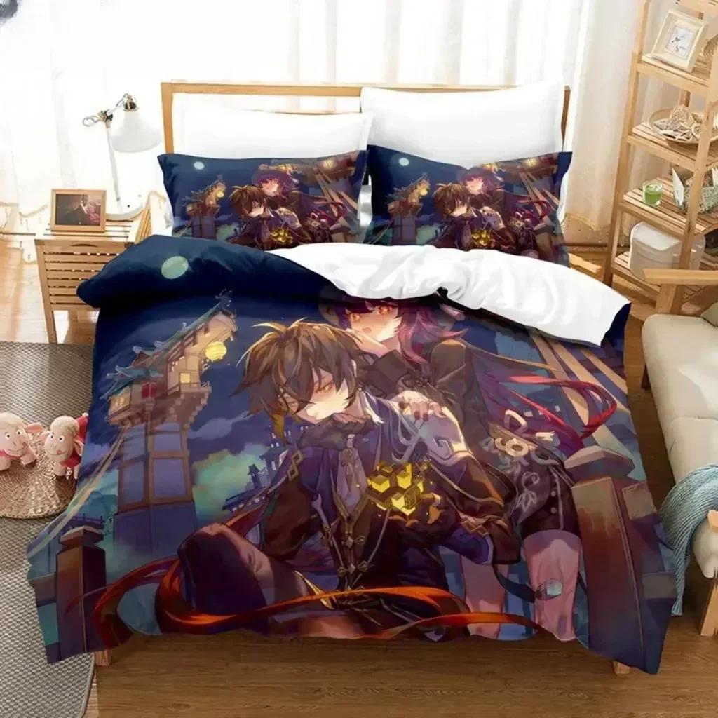 New 3D Anime Hu Tao Genshin Impact Bedding Set Printed Bed Set With Pillowcase Duvet Cover Soft Queen King Size Bedclothes Home