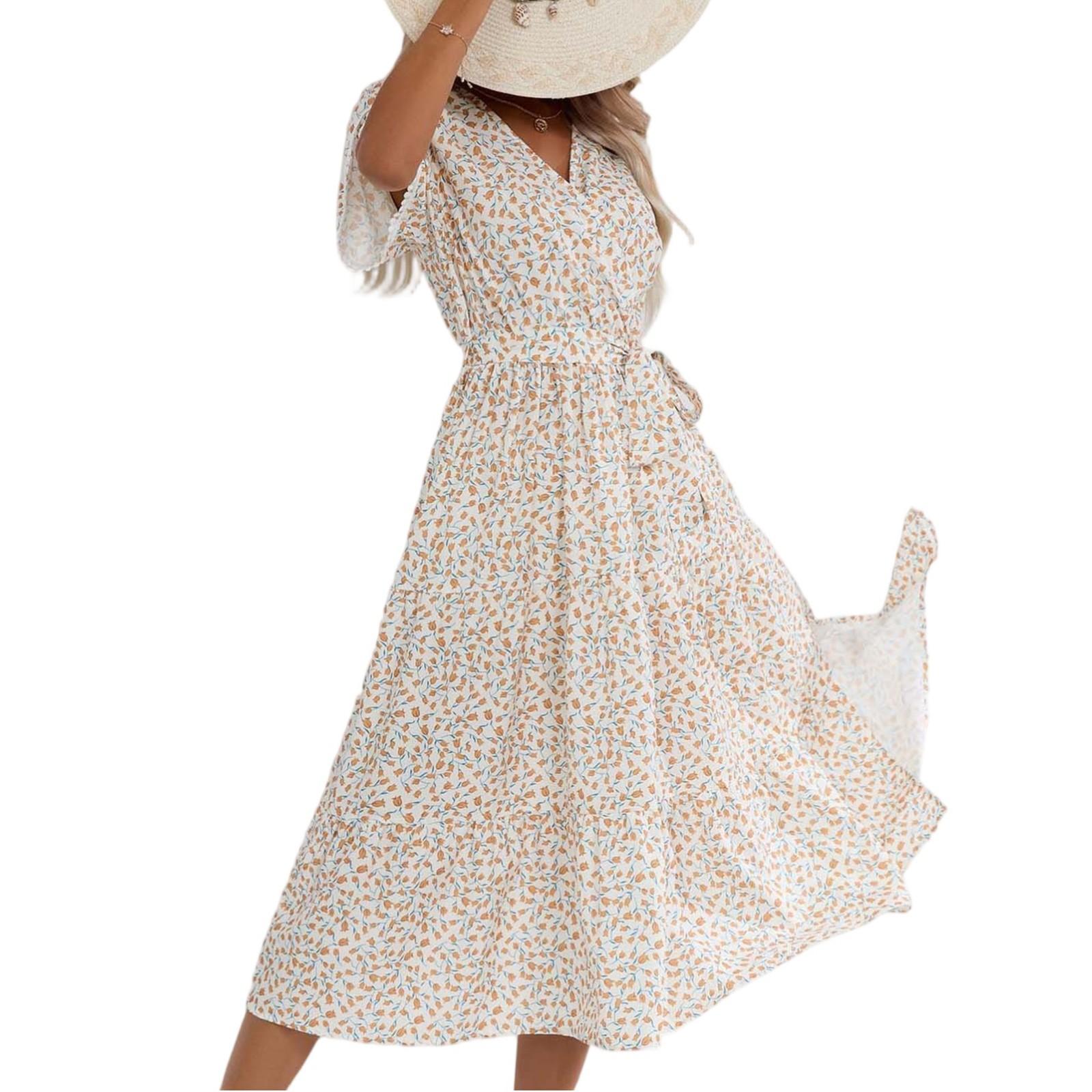 

Women s Dresses Printed V-Neck Waisted Mid-Length Short Sleeve Irregular Dresses S білий