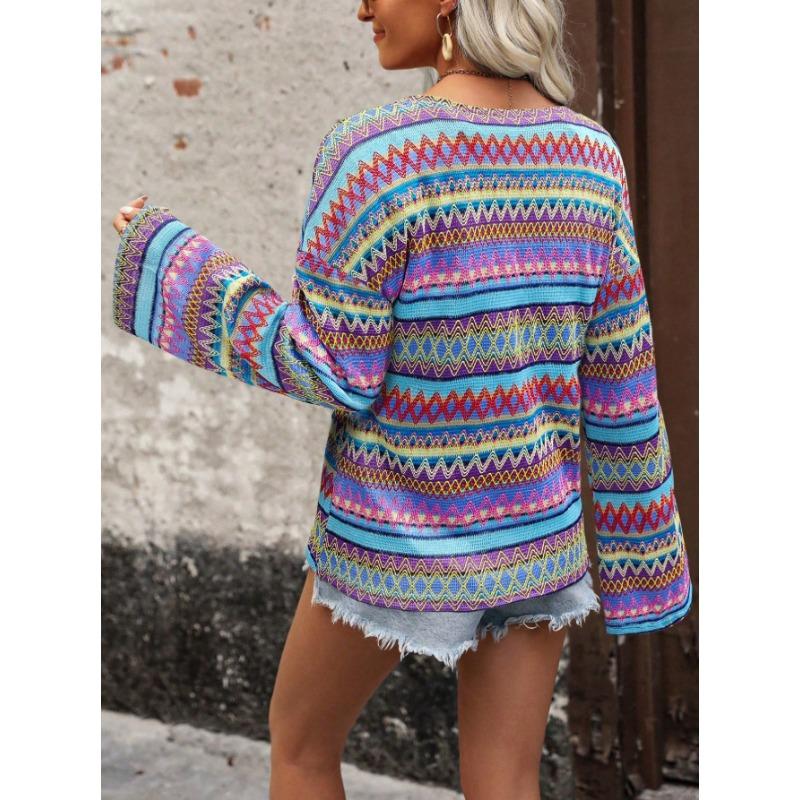 Damen S Locker Mode Langarm Strickoberteil Rundhalsausschnitt Geometrisches Muster