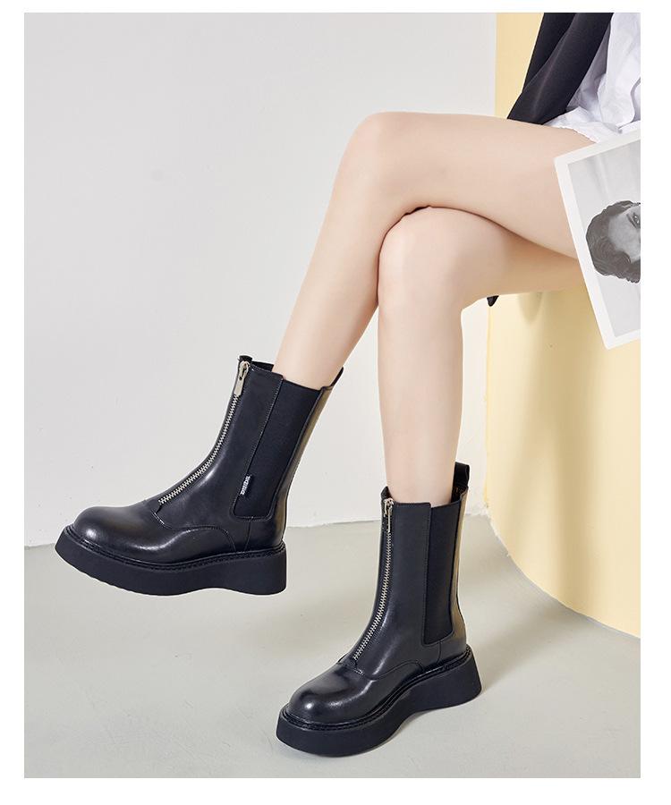 Genuine Leather Women Boots Woman Shoe Fashion Female Breathable Cowhide Bootie Front Zipper Light Black Boots