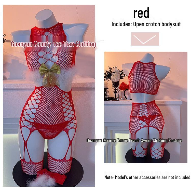Red Fishnet Stockings with Golden Bow and Fluffy Christmas Accent