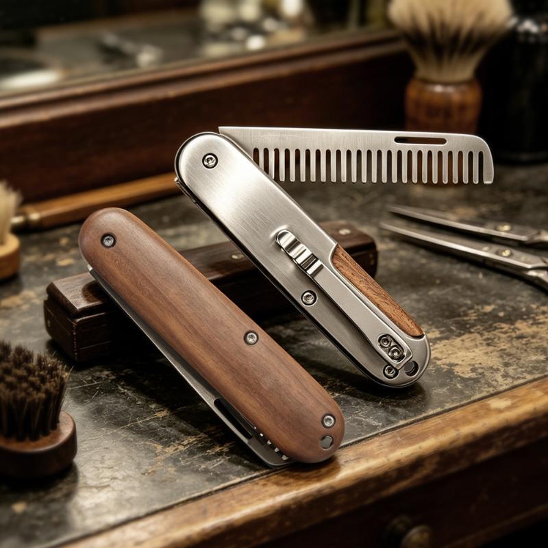 1Pcs Barber-Grade Travel Hair Mustache Comb Solid Wood & Metal Folding Beard Comb For Men Pompadour Styling Grooming Kit