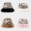 Polyester Furry Leopard Print Fisherman Hat With Wide Brim For Winter Fashion