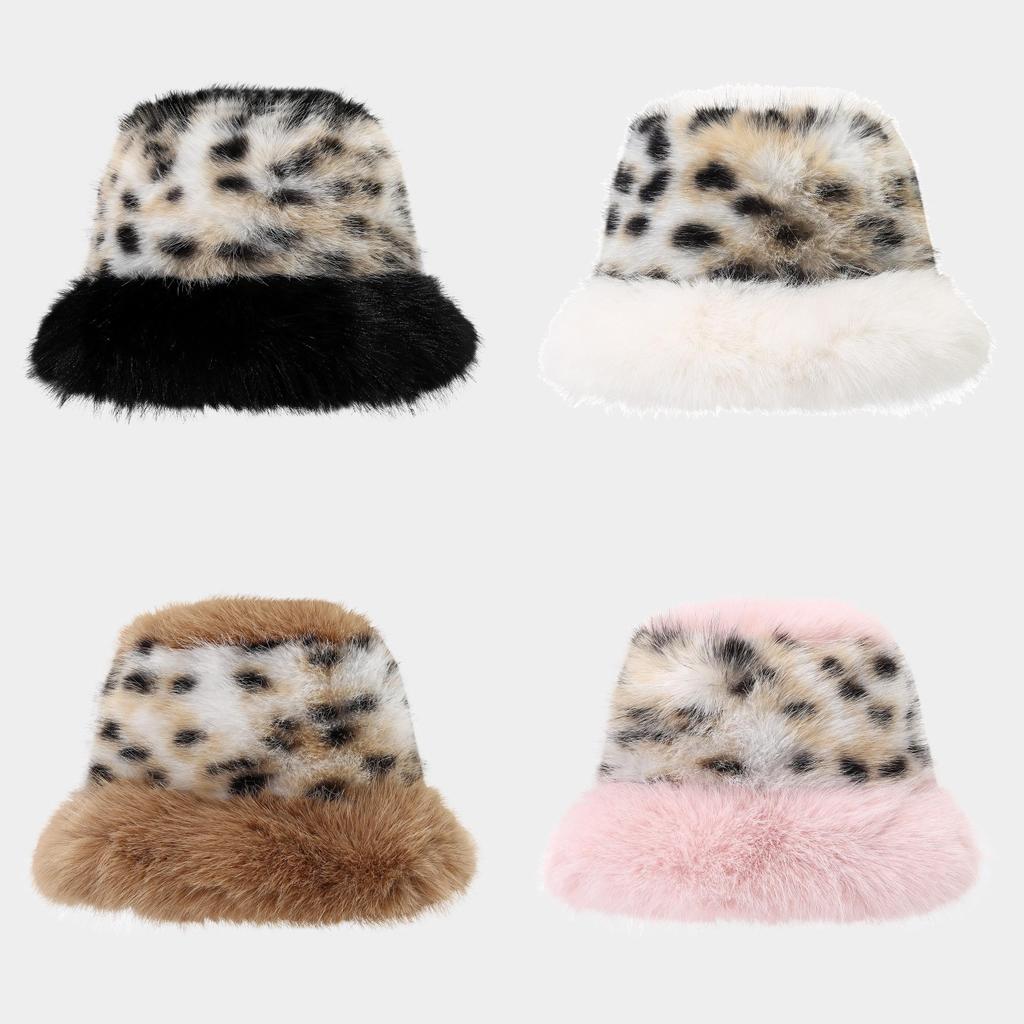 Polyester Furry Leopard Print Fisherman Hat With Wide Brim For Winter Fashion