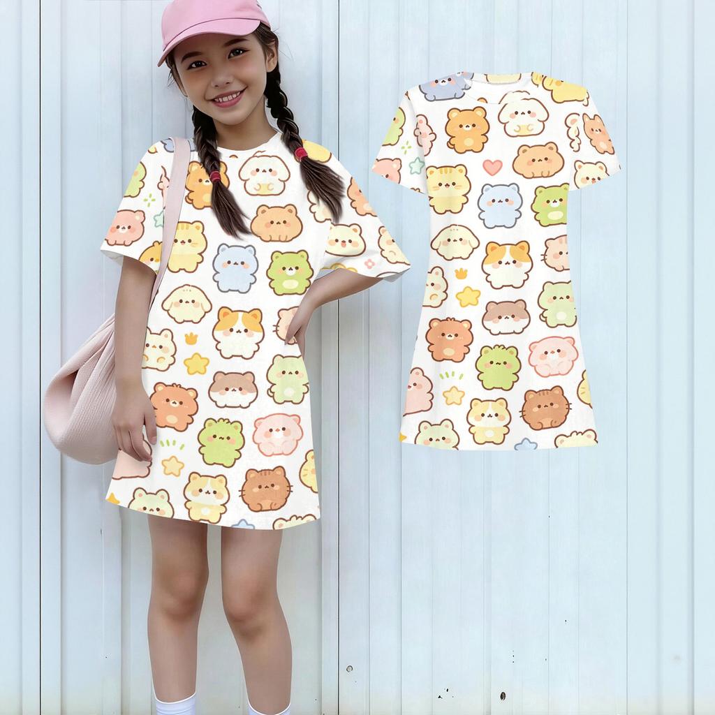 Girls Loose Fit Short Sleeve Dress Animal Print Round Neck Lightweight Summer Dress for Kids Casual Wear
