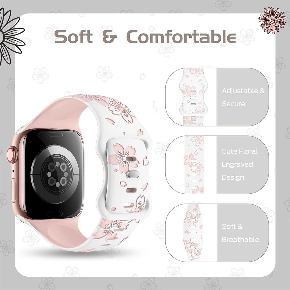 Silicone Band for Apple Watch Series 10 46mm 42mm Ultra2 49mm Two-Tone Engraved Floral Strap for iWatch 9 8 7 6 Se 41mm 45 40 44