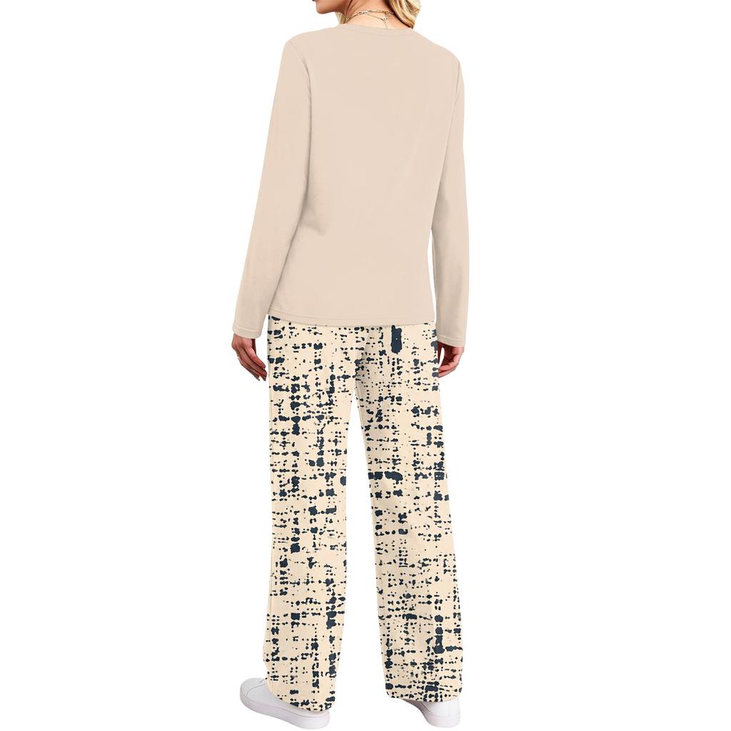 Women's Casual Pajama Set with Pockets, Long Sleeve Neck Loose Fit Printed Sleepwear