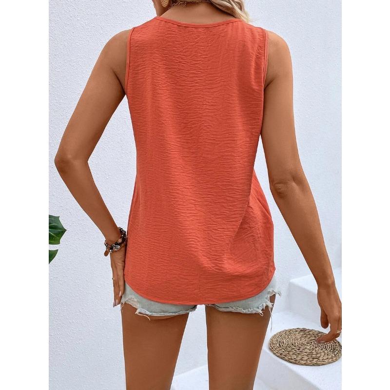 Summer New Women's V-neck Button-down Sleeveless Vest Solid Color Loose Casual T-shirt Top