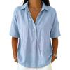 Women Shirt Lapel Buttons Half Placket Short Sleeves Casual Blouse Pure Color Loose Fit