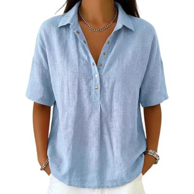 Women Shirt Lapel Buttons Half Placket Short Sleeves Casual Blouse Pure Color Loose Fit