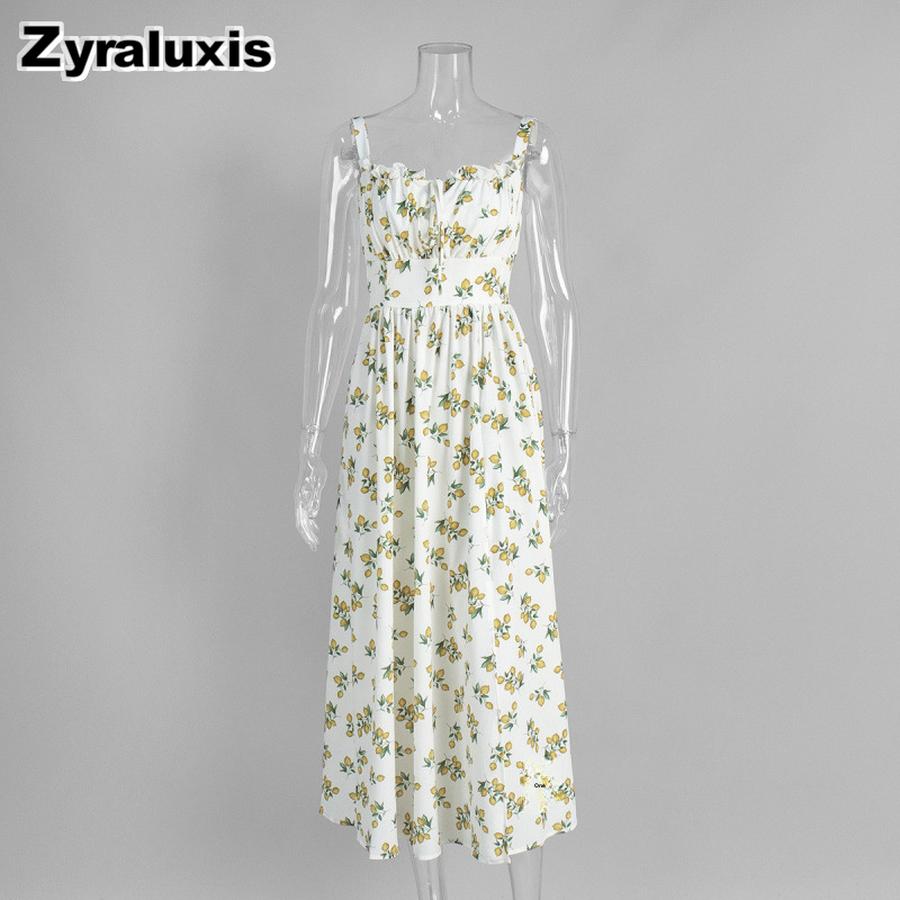 Summer New Low-Neck Tie-Up Ruffled High Waist Fresh Sweet Fruit Print Dress