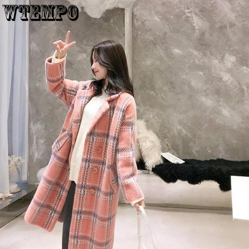 Płaszcze i kurtki damskie Moda Damski dwurzędowy wełniany płaszcz w kratę Damski płaszcz