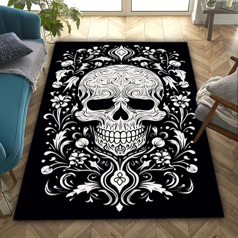 1PC Skull Dark Gothic Pattern Printed Carpet Rug for Living Room Bedroom Home Sofa Decoration,Non-slip Floor Mat Floor Mat