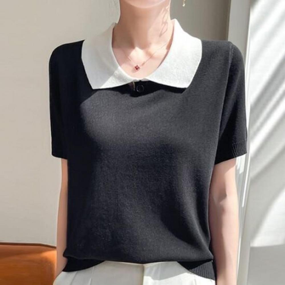 Navava Women Simple Daily Solid Collar ShorT Sleeve KniT T Nk2958