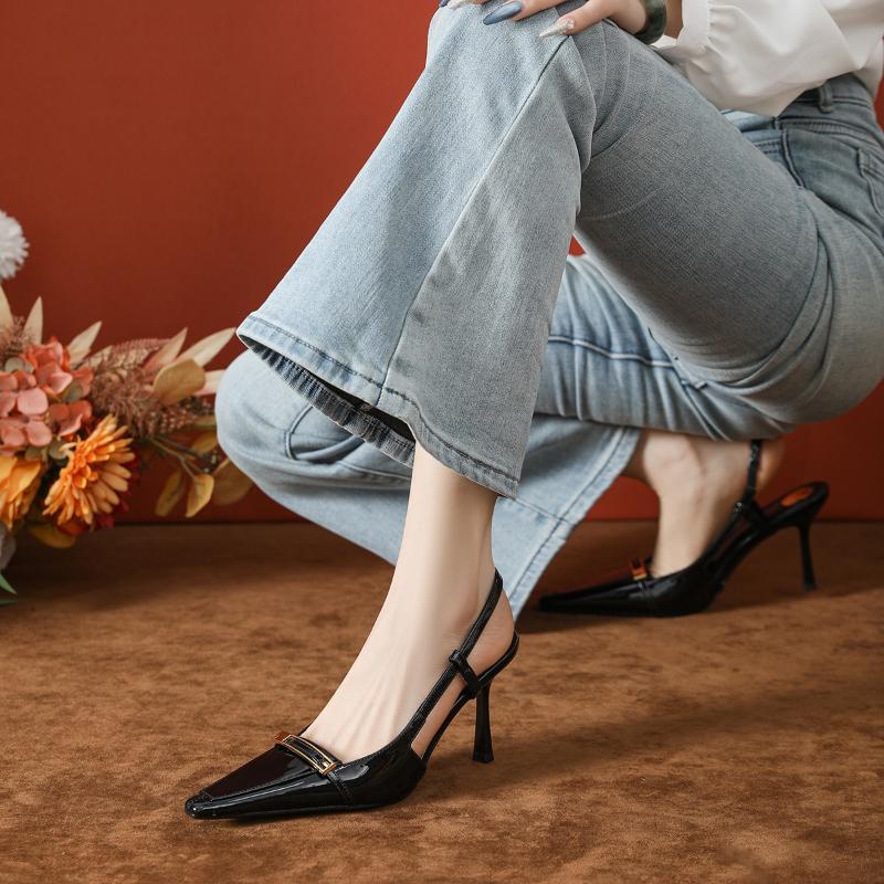 Fashion 2025 New French Patent Leather High Heels Pointed Toe Slim Stiletto Spring Summer Women Sandals Dress Shoes