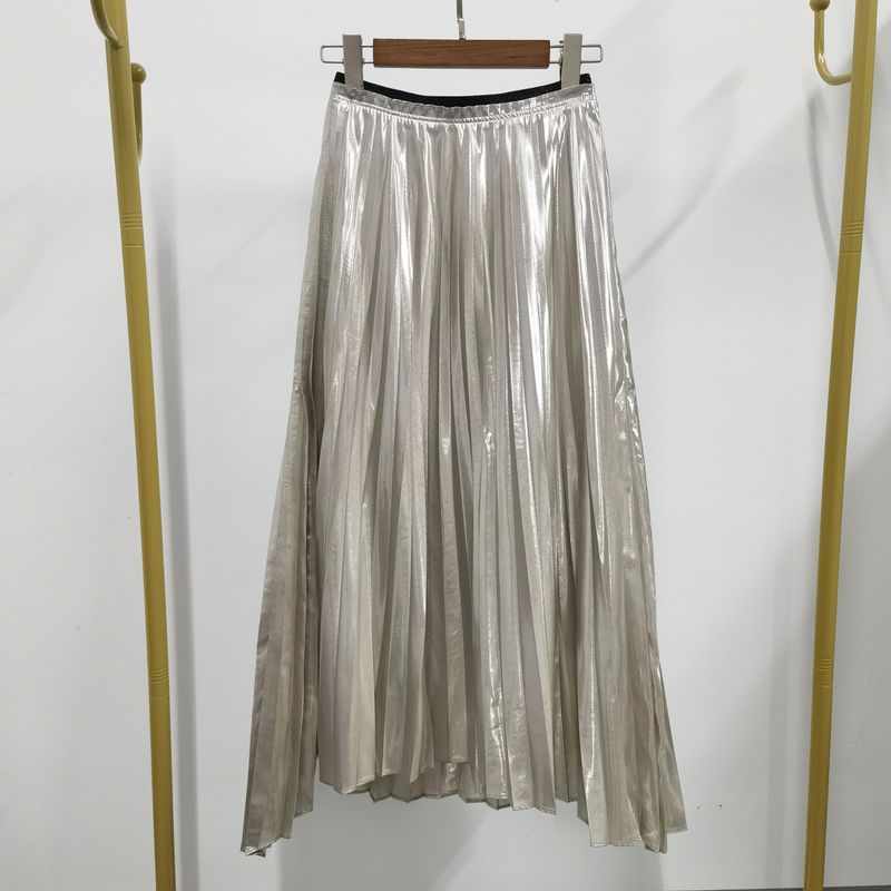 

Высококачественный брендовый сток Весенне-осенняя плиссированная юбка-макси с эластичной талией, блестящая серебристая Silver M