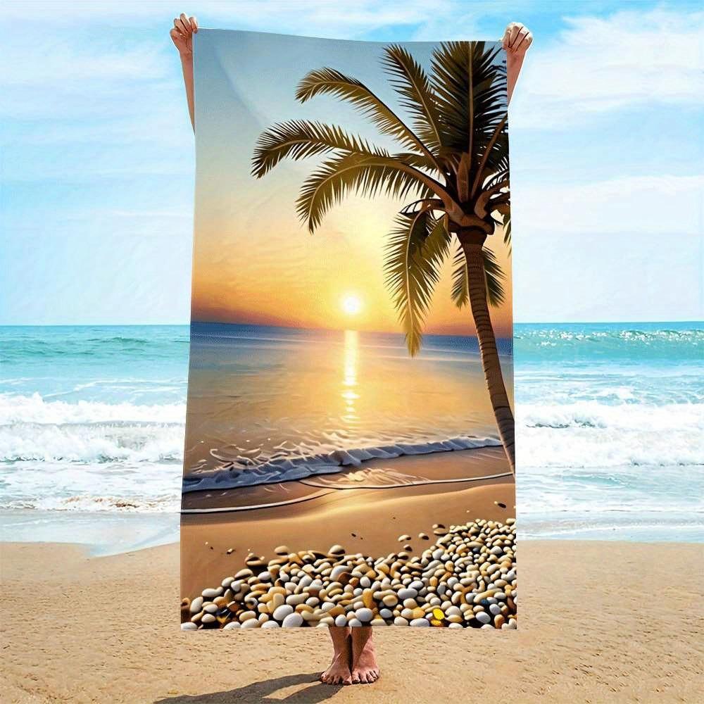 1pc Pack, Microfiber, Beach Towel with Seaside Sunset,Coconut Tree,and Beach Pattern,Microfiber, Suitable for Beach and Pool Use