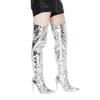 Women Sexy Silver Mirror Thigh High Boots T Show Pointy Toe Club Party Shoes Thin High Heels Over The Knee Long Boots For Women