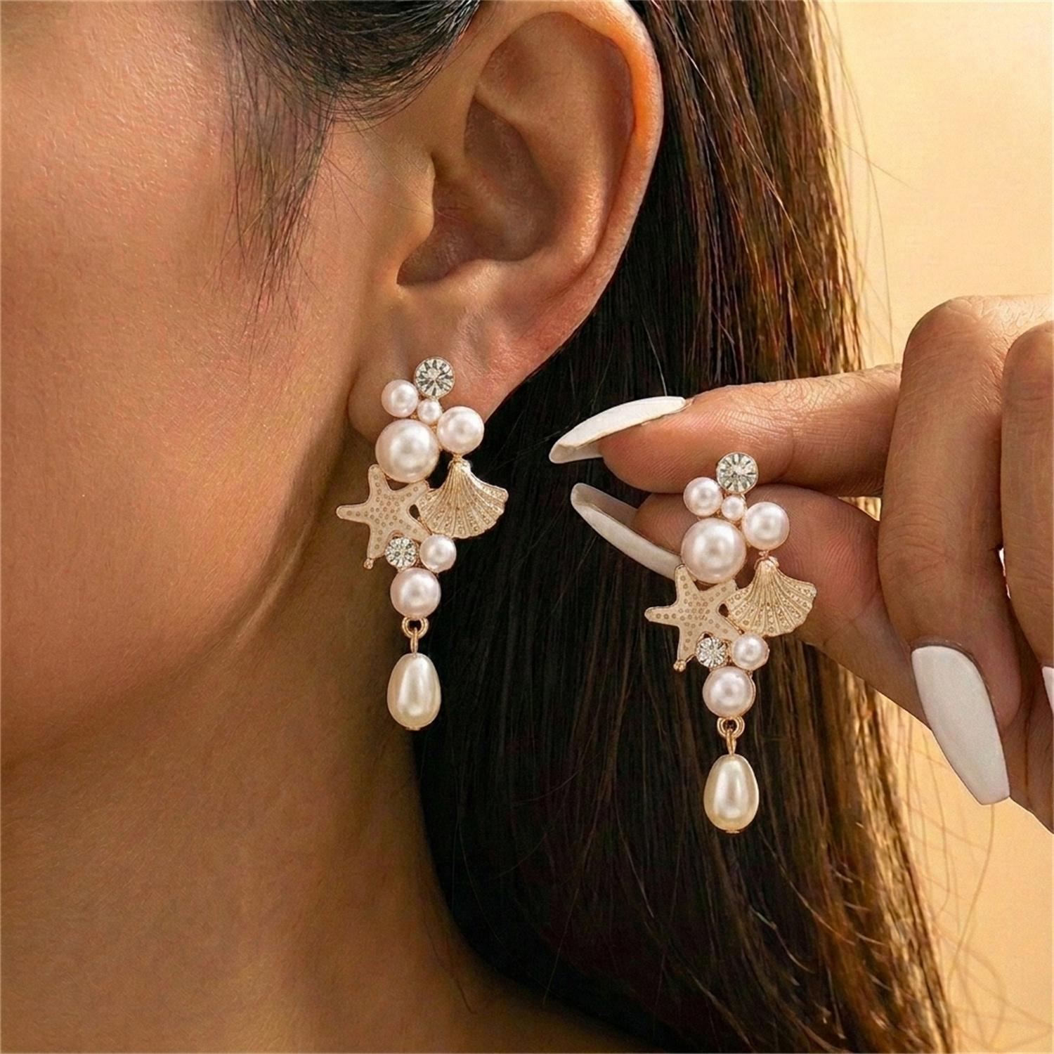 

Bohemia Starfish Shell Imitation Pearl Pendant Earrings For Women Ocean Theme Sea Star Tassel Long Earring Holiday Party Zircon