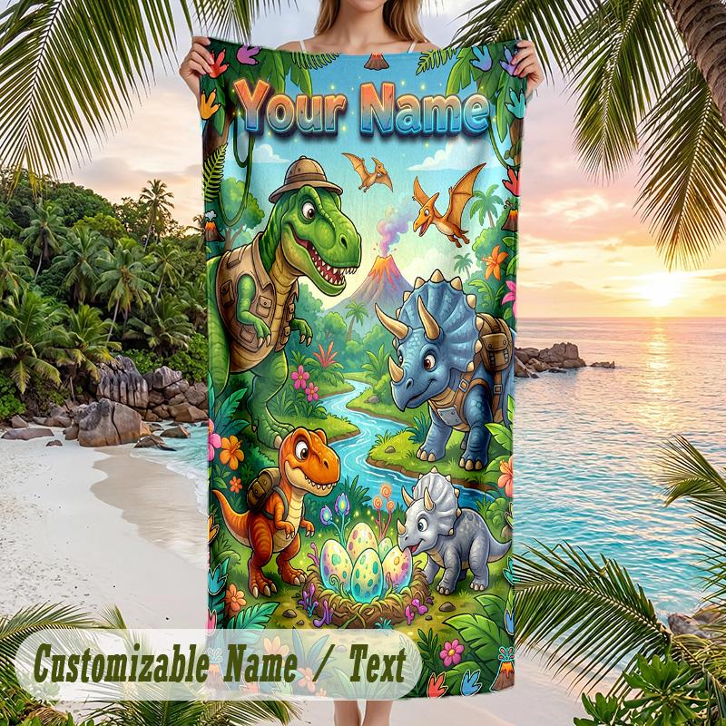Dinosaur Theme Beach Towel Personalized Custom Name & Text Soft Quick Dry Beach Towel for Swimming Travel