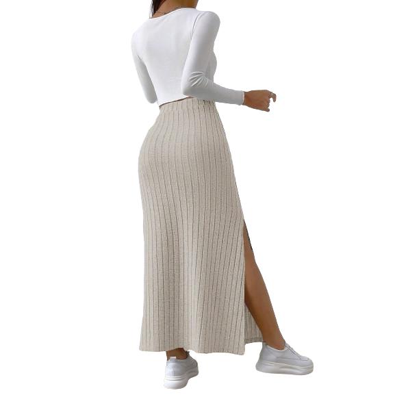 Gerippter Strickrock für Damen, hohe elastische Taille, Schlitz, langer Retro-Rock
