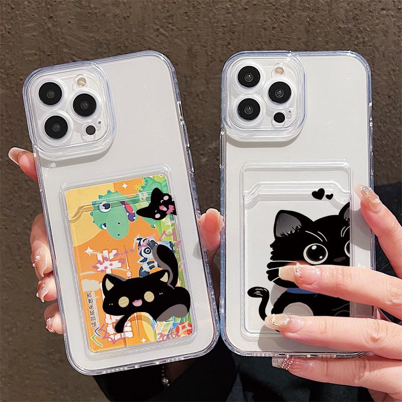Cartoon Black Cat Printed Soft TPU Clear Shockproof Casing Protective Cover Transparent Full Back Case with 1 Card Slot Holder