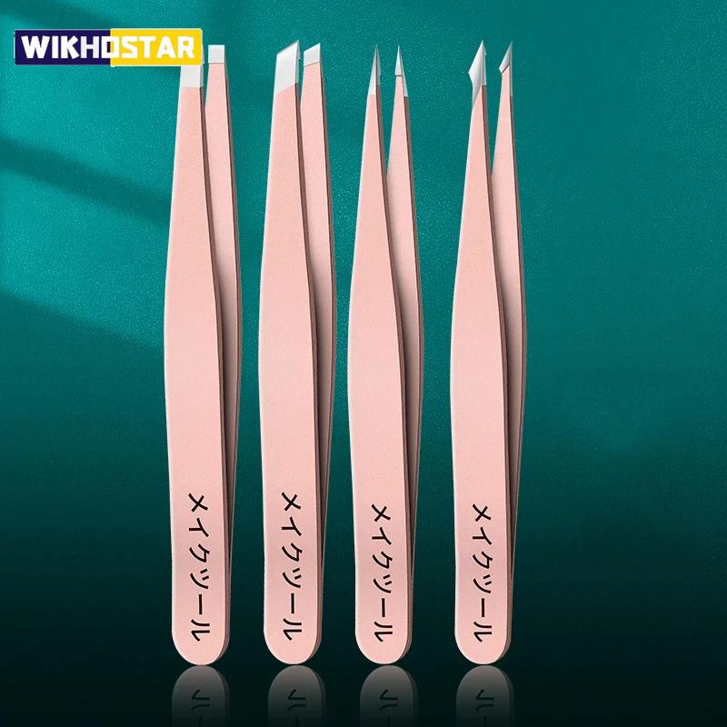 4 Sets of Pink Tweezers for Daily Cleaning of Eyebrows, Eyelashes and Whiskers
