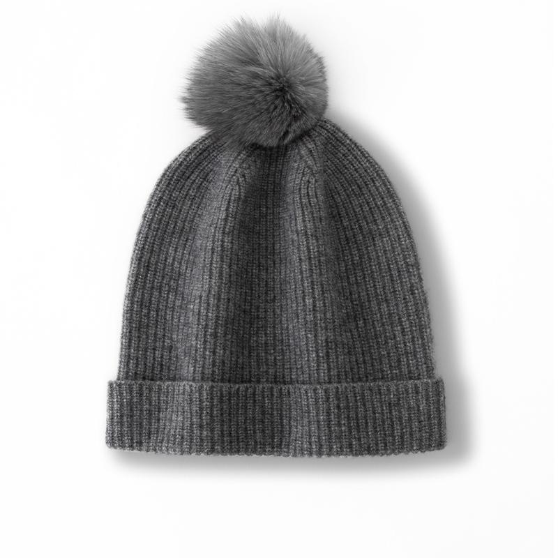 Women 100% Pure Cashmere Beanie Hat Pom Pom Detail Rib Knit Winter Warm Soft Slouchy Skullies Cap Cold Weather Accessory
